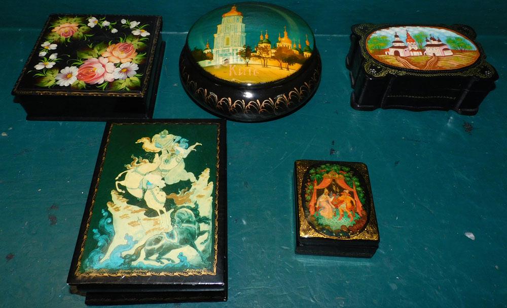 Five Black Lacquered Russian Dresser Boxes (1 of 5)