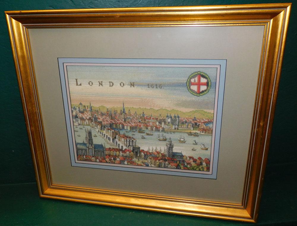 Framed London Needlework: Framed London Needlework. 25" X 21 1/2" ALL DESCRIPTIONS AND ANY CONDITION STATEMENT GIVEN BY LANGSTON AUCTION GALLERY ARE STRICTLY OPINIONS AND LANGSTON'S SHALL HAVE NO RESPONSIBILITY FOR ERRORS OR O