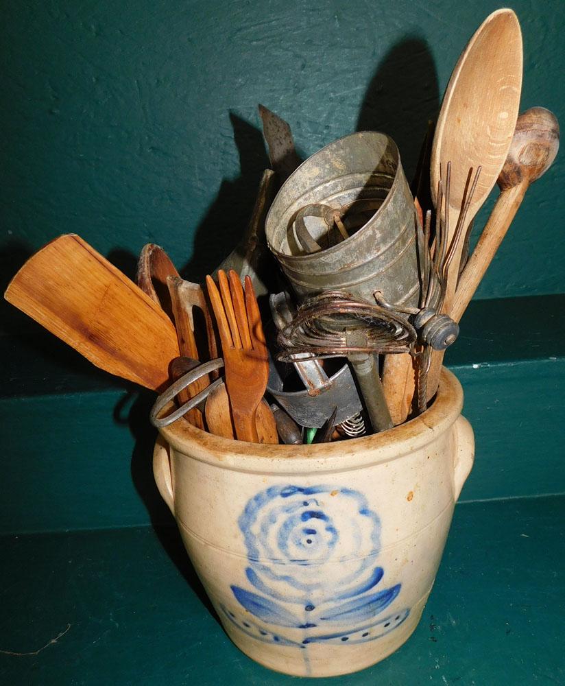 Blue Decorated Stone Ware Crock With Country Kitchen Utensils (1 of 3)
