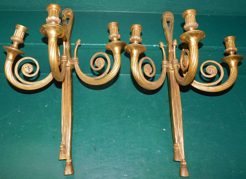 Pair Gilded Bronze Three Light Wall Sconces (1 of 4)