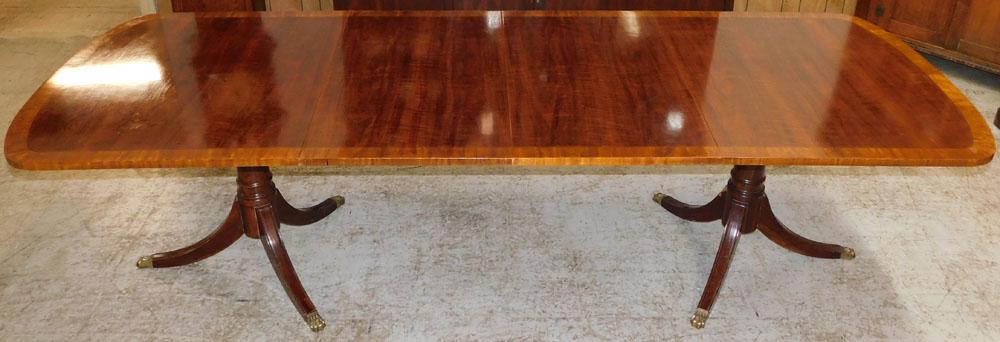 Mahogany Satin Wood Banded Top Two Pedestal Dining Table With Two Leaves By White Furniture Co. (1 of 9)