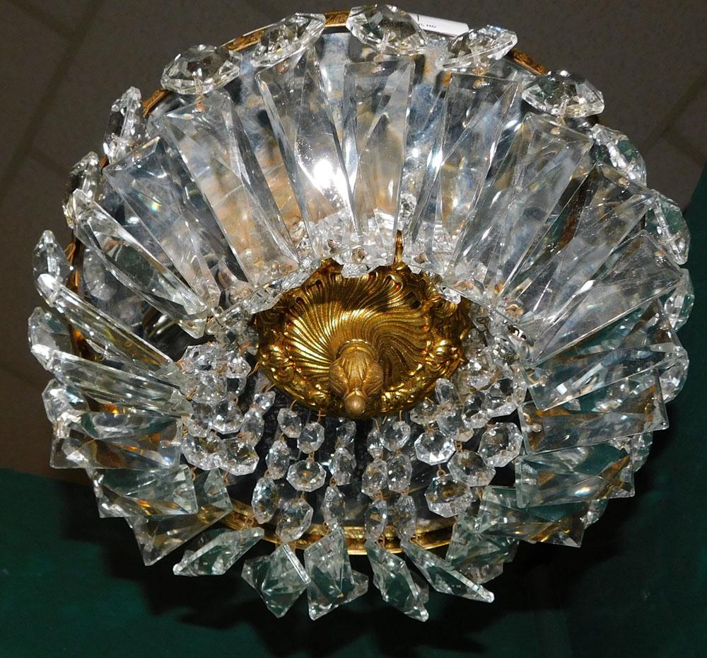 Gold Gilded Crystal Prism Foyer Light Fixture: Gold Gilded Crystal Prism Foyer Light Fixture. 10 1/2" Dia 10 1/2" H ALL DESCRIPTIONS AND ANY CONDITION STATEMENT GIVEN BY LANGSTON AUCTION GALLERY ARE STRICTLY OPINIONS AND LANGSTON'S SHALL HAVE NO R