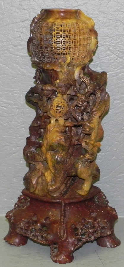 16" soapstone carved figure w/ Foo dogs. : 16" soapstone carved figure w/ Foo dogs.