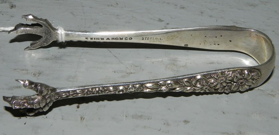 S. Kirk & Sons Repousse Sterl sugar tong .62 TO: S. Kirk & Sons Repousse Sterling sugar tong, .62 T.O.