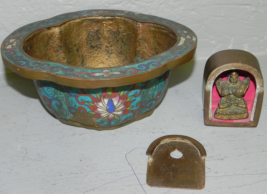 Early cloisonne bowl & a miniature brass box.: Early cloisonne bowl & a miniature brass Buddhist sacrament box.