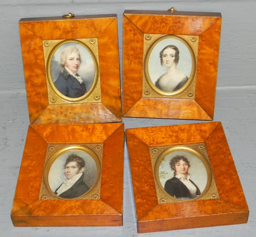 (4) birds eye maple framed miniature portraits.: (4) birds eye maple framed miniature portraits. 4 1/2" x 5 1/4".
