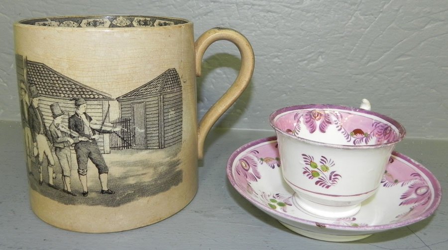 Luster cup & saucer & Lrg transfer Nordic mug: Early luster cup & saucer and large transfer Nordic mug w/ some discoloration.