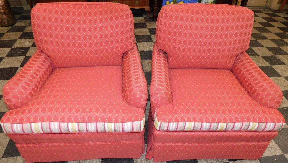 Pair Upholstered Club Chairs: Pair Upholstered Club Chairs. 32 1/4" H "ALL DESCRIPTIONS AND ANY CONDITION STATEMENT GIVEN BY LANGSTON AUCTION GALLERY ARE STRICTLY OPINIONS AND LANGSTON'S SHALL HAVE NO RESPONSIBILITY FOR ERRORS OR