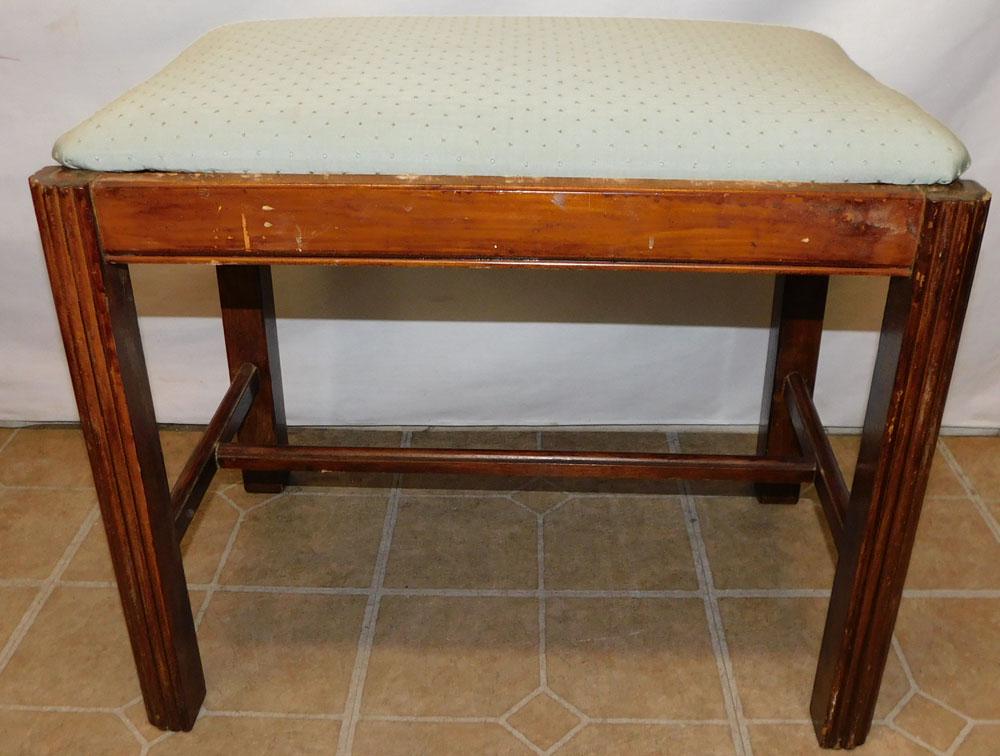 Mahogany Upholstered Top Bench: Mahogany Upholstered Top Bench. 22 1/2" W 14 1/2" D 18 3/4" H "ALL DESCRIPTIONS AND ANY CONDITION STATEMENT GIVEN BY LANGSTON AUCTION GALLERY ARE STRICTLY OPINIONS AND LANGSTON'S SHALL HAVE NO RESPONS