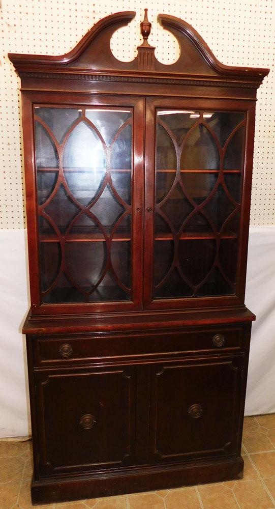 Mahogany Glass Door China Cabinet: Mahogany Glass Door China Cabinet. 37" W 14 1/2" D 76" H "ALL DESCRIPTIONS AND ANY CONDITION STATEMENT GIVEN BY LANGSTON AUCTION GALLERY ARE STRICTLY OPINIONS AND LANGSTON'S SHALL HAVE NO RESPONSIBILI
