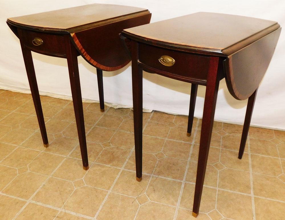 Pair Mahogany Satin Wood Banded Drop Leaf One Drawer Tables (1 of 4)
