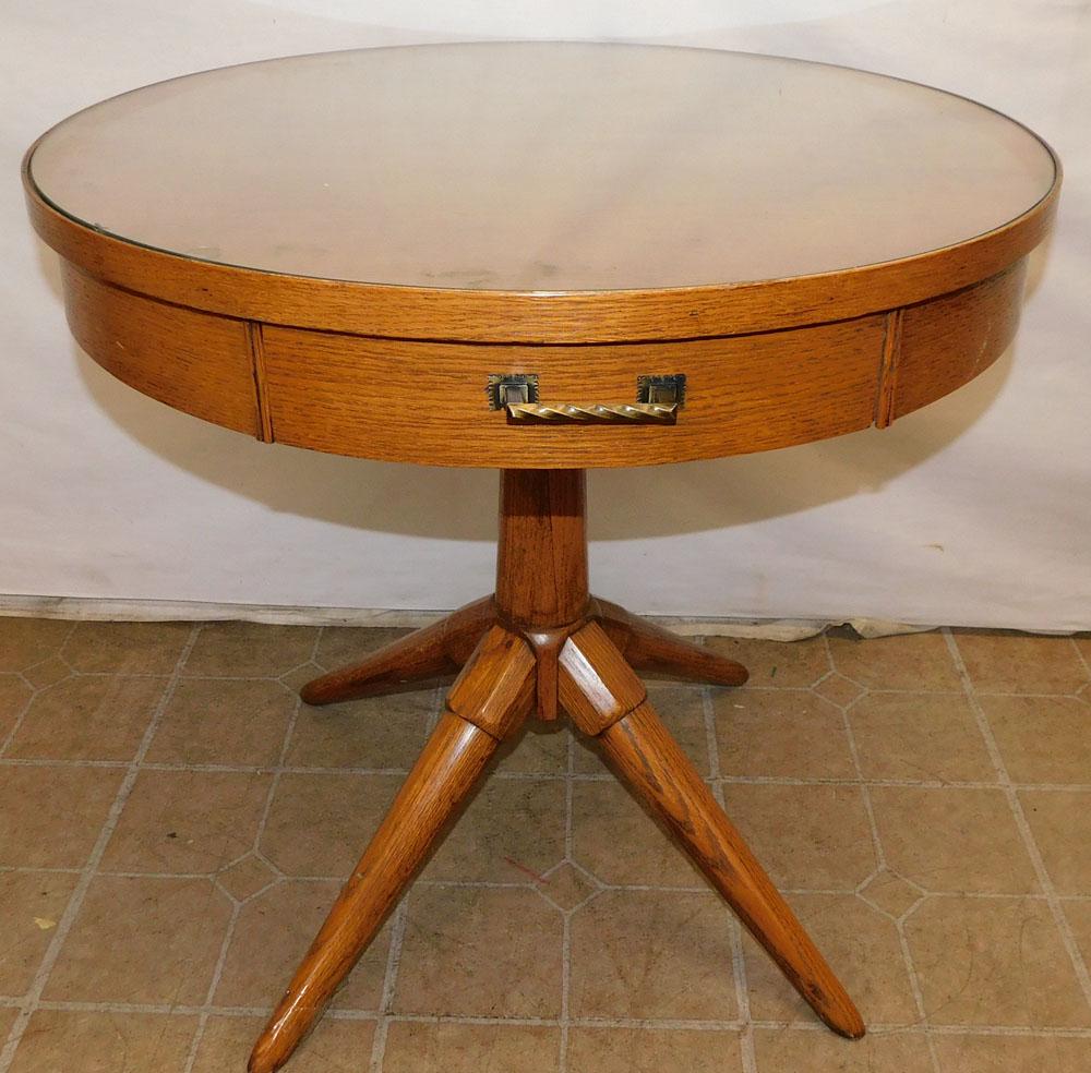 Oak One Drawer Drum Table By Mersmann: Oak One Drawer Drum Table By Mersmann. 28" Dia 27 1/4" H "ALL DESCRIPTIONS AND ANY CONDITION STATEMENT GIVEN BY LANGSTON AUCTION GALLERY ARE STRICTLY OPINIONS AND LANGSTON'S SHALL HAVE NO RESPONSIBILI