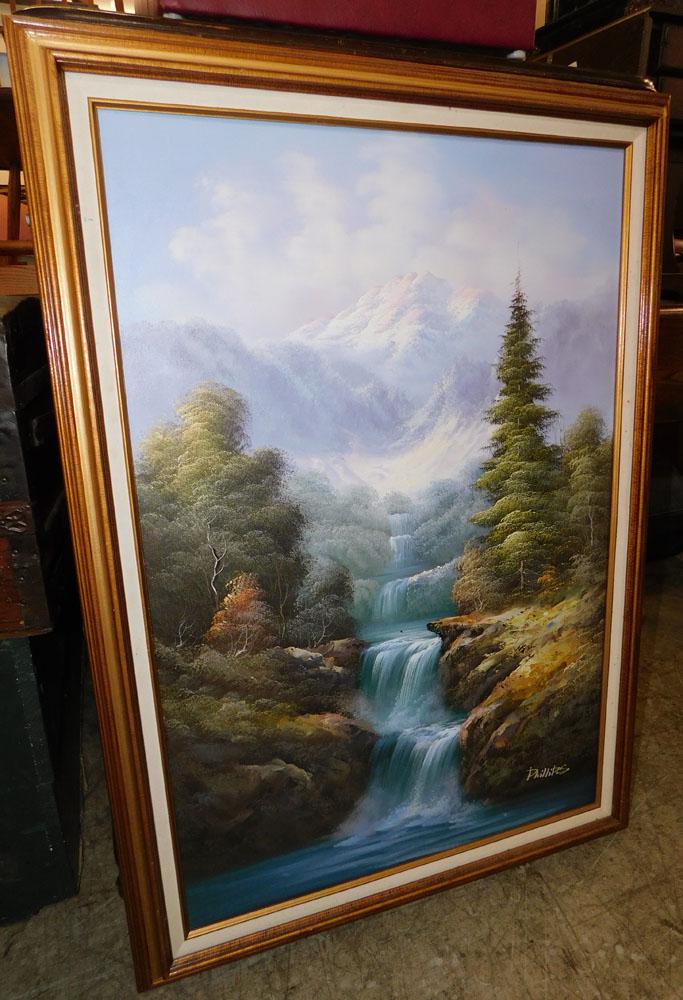 Oil On Canvas Waterfall & Mountains - Signed (1 of 4)