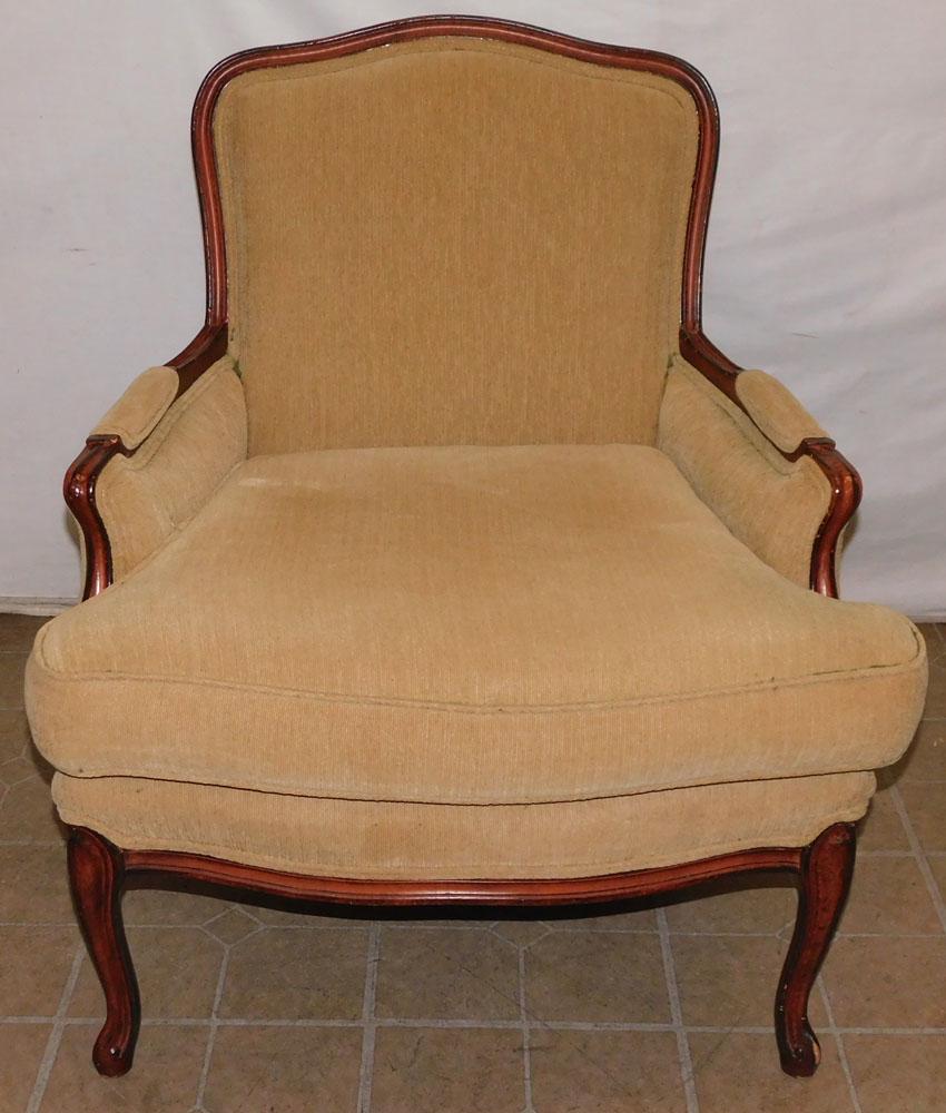 French Style Painted Upholstered Arm Chair: French Style Painted Upholstered Arm Chair . 34 1/2" H "ALL DESCRIPTIONS AND ANY CONDITION STATEMENT GIVEN BY LANGSTON AUCTION GALLERY ARE STRICTLY OPINIONS AND LANGSTON'S SHALL HAVE NO RESPONSIBILITY