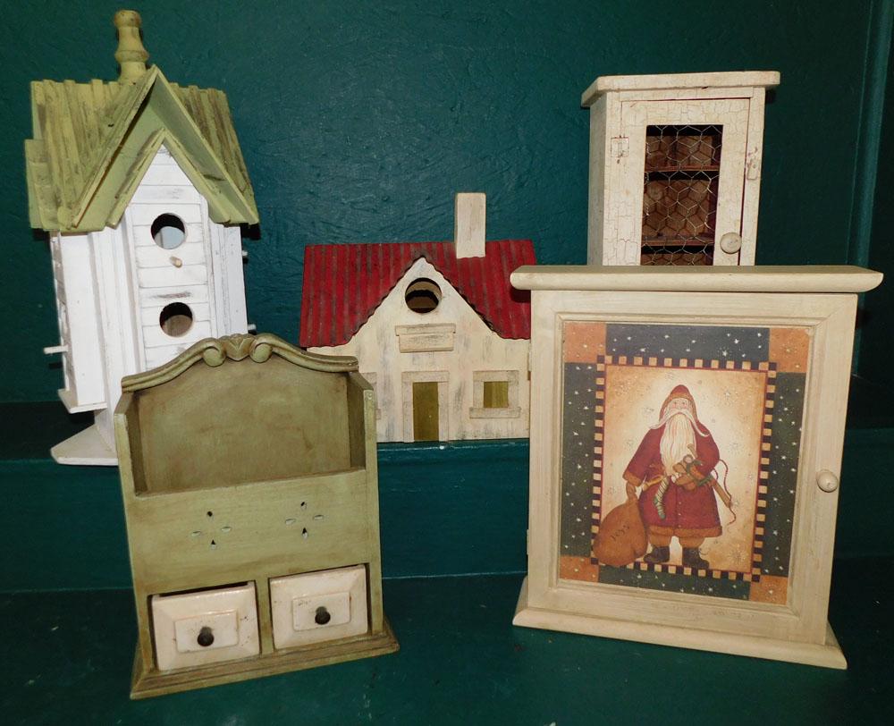 Two Decorative Bird Houses & Three Decorative Miniature Cabinets (1 of 2)