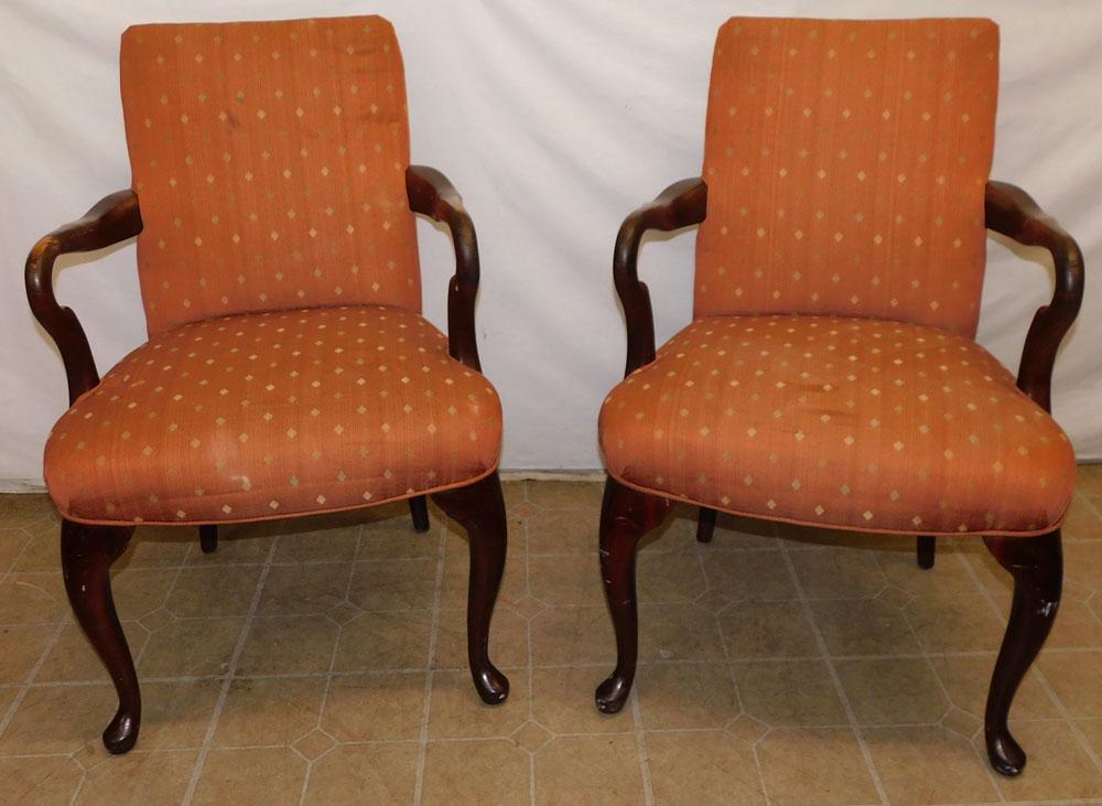 Pair Upholstered Queen Anne Style Arm Chairs: Pair Upholstered Queen Anne Style Arm Chairs. 35" H "ALL DESCRIPTIONS AND ANY CONDITION STATEMENT GIVEN BY LANGSTON AUCTION GALLERY ARE STRICTLY OPINIONS AND LANGSTON'S SHALL HAVE NO RESPONSIBILITY FO