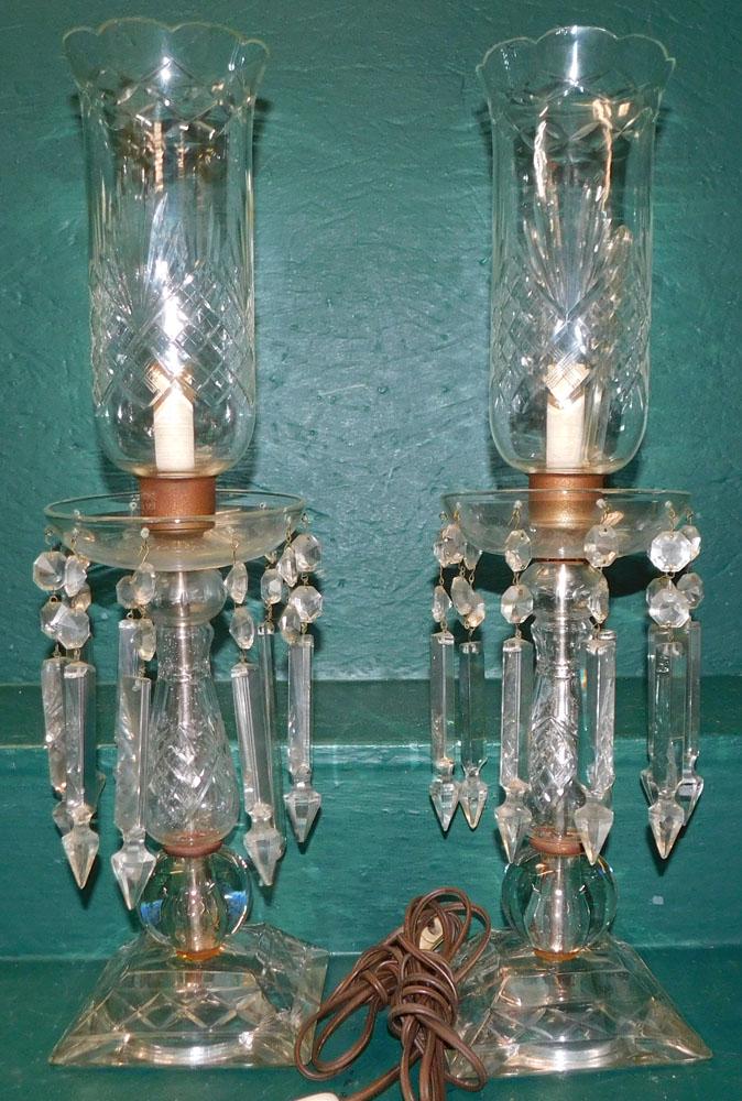 Pair Crystal Girandole Lamps: Pair Crystal Girandole Lamps. 22 1/2" H "ALL DESCRIPTIONS AND ANY CONDITION STATEMENT GIVEN BY LANGSTON AUCTION GALLERY ARE STRICTLY OPINIONS AND LANGSTON'S SHALL HAVE NO RESPONSIBILITY FOR ERRORS OR 