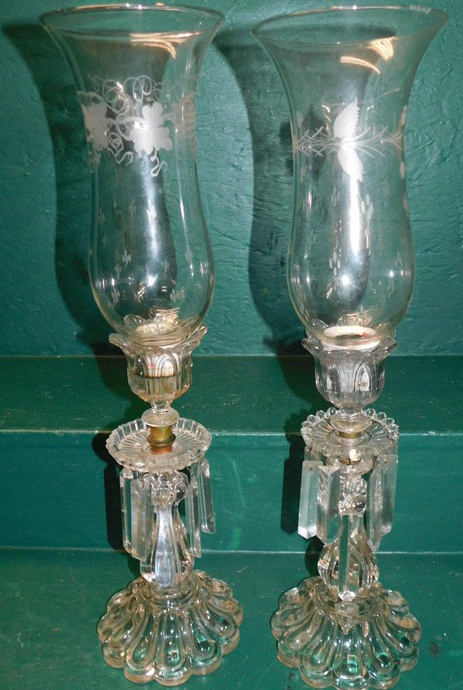 Pair Crystal Girandole Lamps: Pair Crystal Girandole Lamps. 21" H "ALL DESCRIPTIONS AND ANY CONDITION STATEMENT GIVEN BY LANGSTON AUCTION GALLERY ARE STRICTLY OPINIONS AND LANGSTON'S SHALL HAVE NO RESPONSIBILITY FOR ERRORS OR OMIS