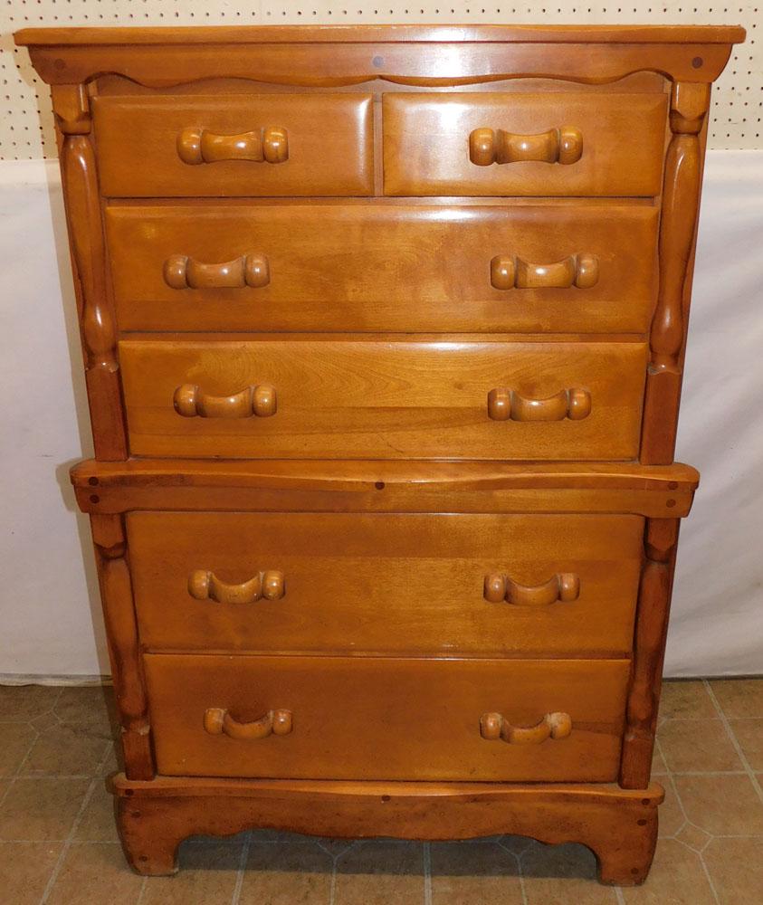 Maple Five Drawer Chest By Benson Furniture: Maple Five Drawer Chest By Benson Furniture. 33 1/4" W 19 1/2" D 50 1/2" H "ALL DESCRIPTIONS AND ANY CONDITION STATEMENT GIVEN BY LANGSTON AUCTION GALLERY ARE STRICTLY OPINIONS AND LANGSTON'S SHALL HA