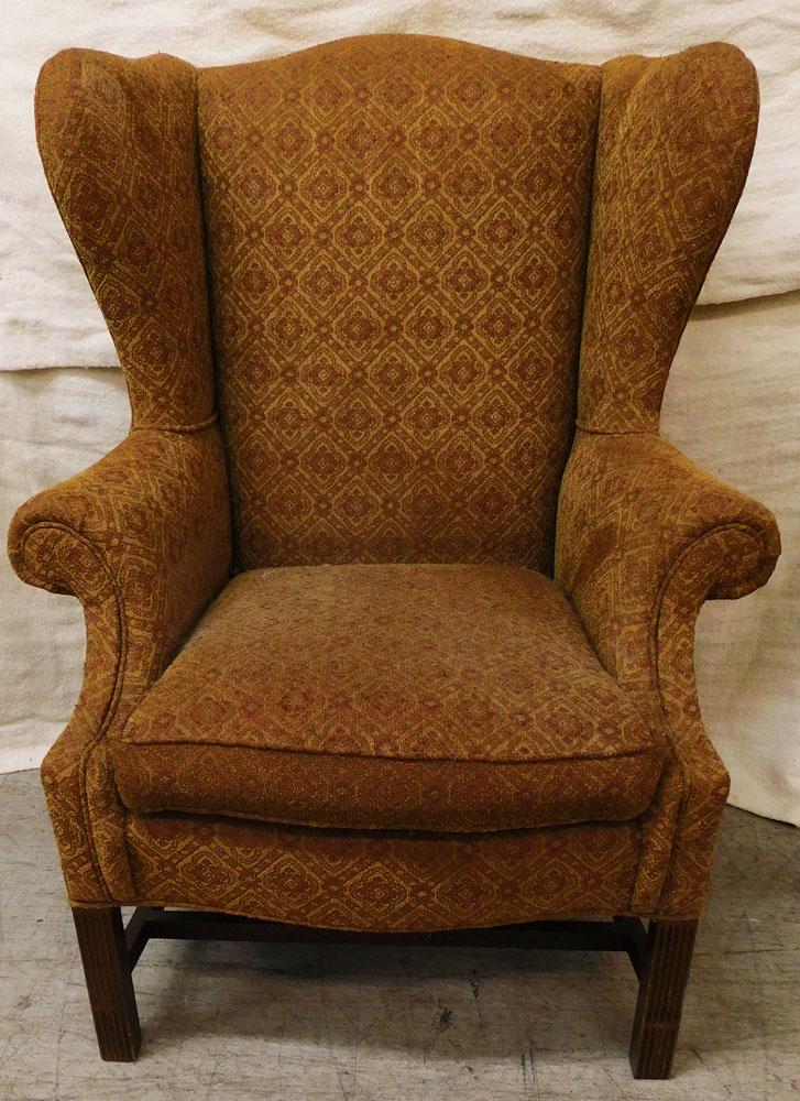Upholstered Wing Back Chair: Upholstered Wing Back Chair. 46" H "ALL DESCRIPTIONS AND ANY CONDITION STATEMENT GIVEN BY LANGSTON AUCTION GALLERY ARE STRICTLY OPINIONS AND LANGSTON'S SHALL HAVE NO RESPONSIBILITY FOR ERRORS OR OMISS