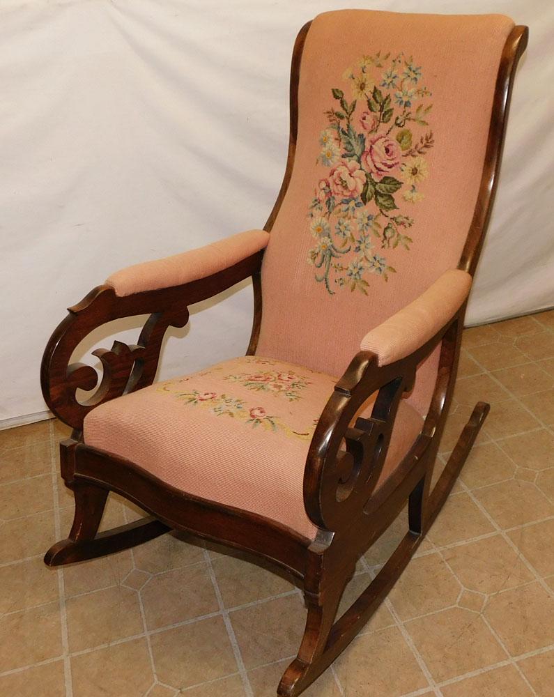 Antique Mahogany Lincoln Rocker With Needlepoint Upholstery (1 of 3)