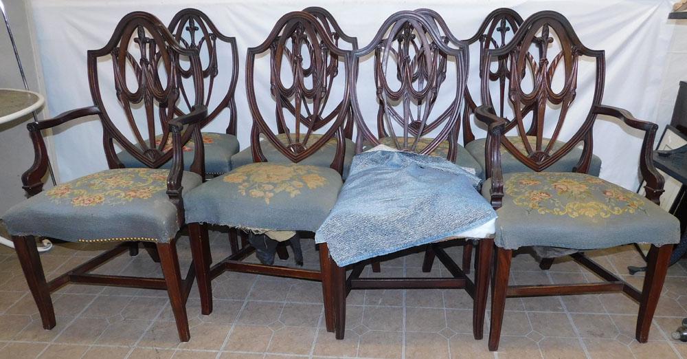 Set 8 Mahogany Carved Dining Chairs With Needlepoint Seats ( Some As Is): Set 8 Mahogany Carved Dining Chairs With Needlepoint Seats ( Some As Is). 41" H "ALL DESCRIPTIONS AND ANY CONDITION STATEMENT GIVEN BY LANGSTON AUCTION GALLERY ARE STRICTLY OPINIONS AND LANGSTON'S SHA