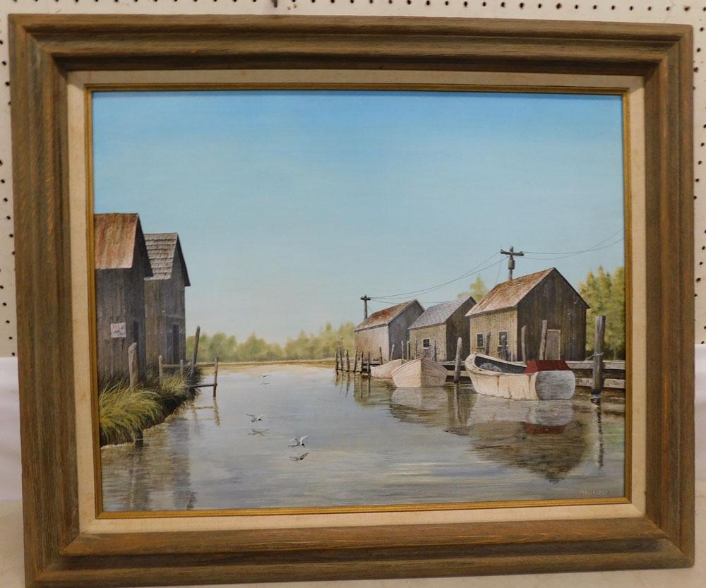 Oil On Board Boat Dock Scene - Signed (1 of 3)
