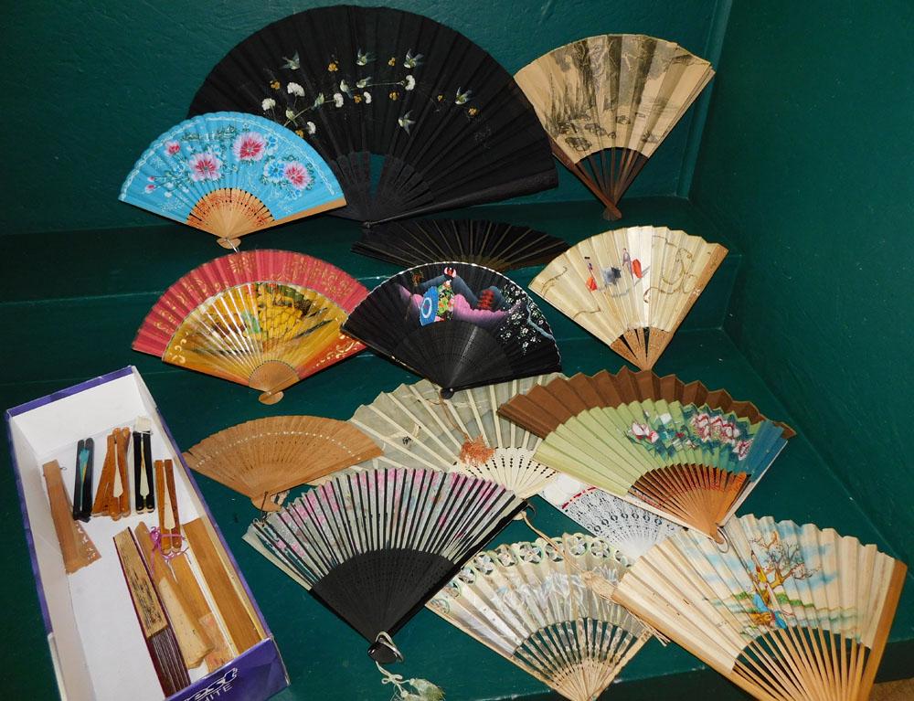 Large Collection of Vintage Bone, Silk, & Wood Hand Fans: Large Collection of Vintage Bone, Silk, & Wood Hand Fans . "ALL DESCRIPTIONS AND ANY CONDITION STATEMENT GIVEN BY LANGSTON AUCTION GALLERY ARE STRICTLY OPINIONS AND LANGSTON'S SHALL HAVE NO RESPONSIBI
