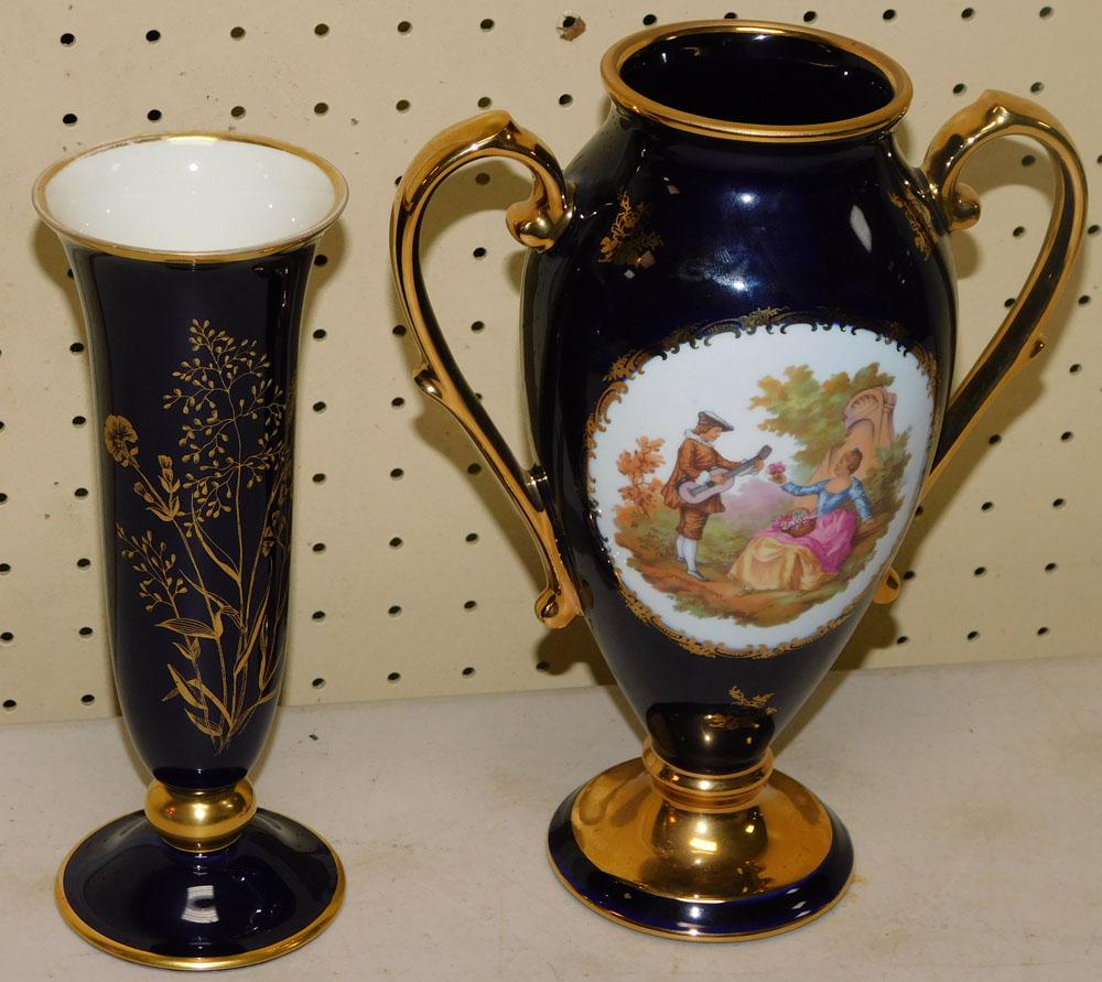 Cobalt Blue & Gold Limoge Porcelain Vase & German Porcelain Vase: Cobalt Blue & Gold Limoge Porcelain Vase & German Porcelain Vase . "ALL DESCRIPTIONS AND ANY CONDITION STATEMENT GIVEN BY LANGSTON AUCTION GALLERY ARE STRICTLY OPINIONS AND LANGSTON'S SHALL HAVE NO RE