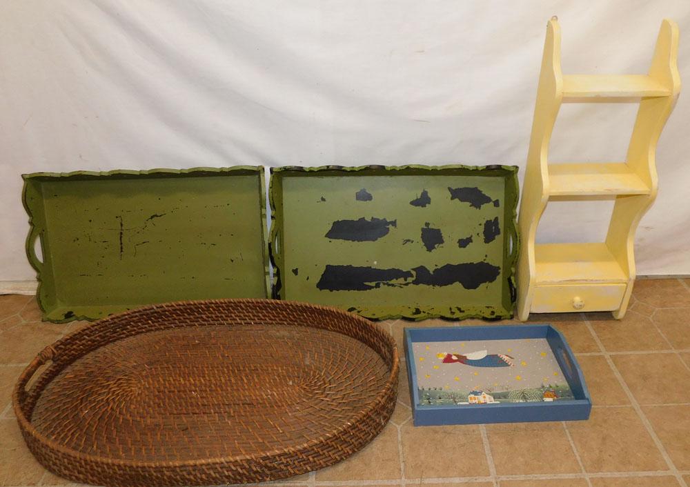 Lot Painted Wood Trays - Rattan Tray - Wall Shelf: Lot Painted Wood Trays - Rattan Tray - Wall Shelf. 27" W "ALL DESCRIPTIONS AND ANY CONDITION STATEMENT GIVEN BY LANGSTON AUCTION GALLERY ARE STRICTLY OPINIONS AND LANGSTON'S SHALL HAVE NO RESPONSIBILI