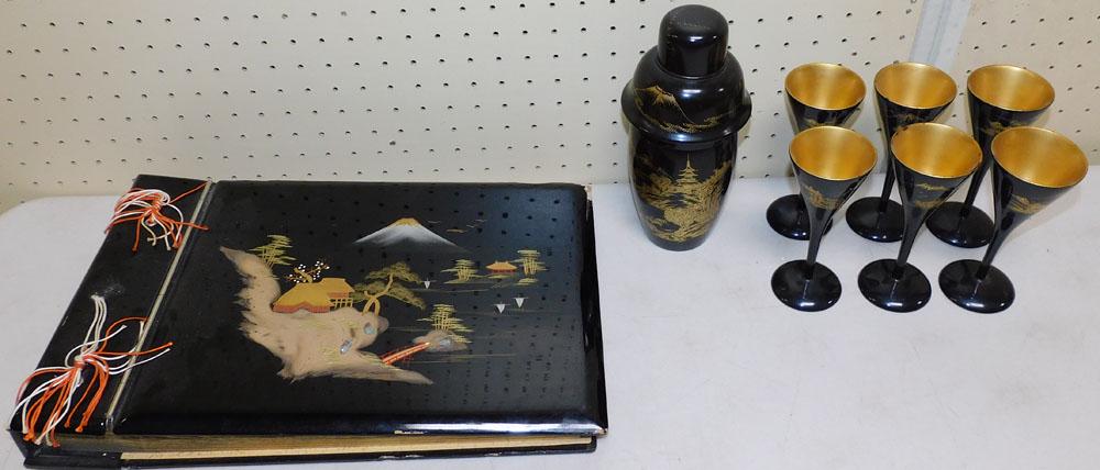 Oriental Black Lacquered Album & Goblets: Oriental Black Lacquered Album & Goblets . "ALL DESCRIPTIONS AND ANY CONDITION STATEMENT GIVEN BY LANGSTON AUCTION GALLERY ARE STRICTLY OPINIONS AND LANGSTON'S SHALL HAVE NO RESPONSIBILITY FOR ERRORS