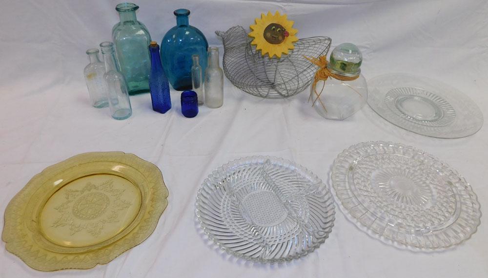 Lot Glass Bottles & Wire Egg Basket: Lot Glass Bottles & Wire Egg Basket. "ALL DESCRIPTIONS AND ANY CONDITION STATEMENT GIVEN BY LANGSTON AUCTION GALLERY ARE STRICTLY OPINIONS AND LANGSTON'S SHALL HAVE NO RESPONSIBILITY FOR ERRORS OR OMI