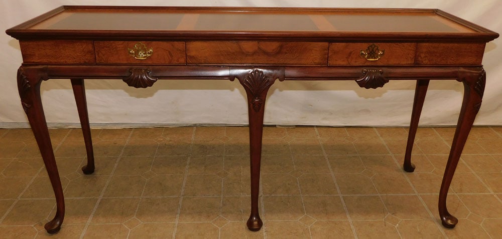 Walnut & Burl Elm Wood Shell Carved Queen Anne Style Sofa Table with 2 Drawers by Baker Collector's (1 of 9)