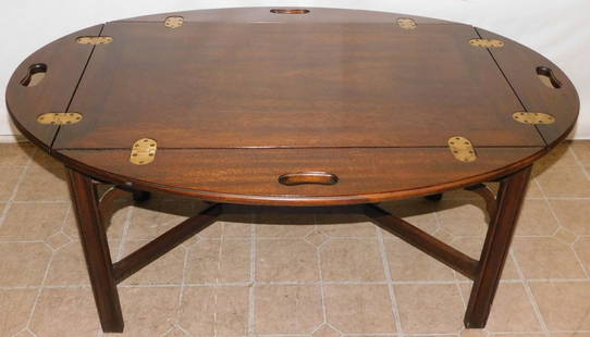 Mahogany Campaign Style Butlers Tray Top Tea Table by Henkel Harris: Mahogany Campaign Style Butlers Tray Top Tea Table by Henkel Harris. 42" W 30" D 18 1/4" H "ALL DESCRIPTIONS AND ANY CONDITION STATEMENT GIVEN BY LANGSTON AUCTION GALLERY ARE STRICTLY OPINIONS AND LAN