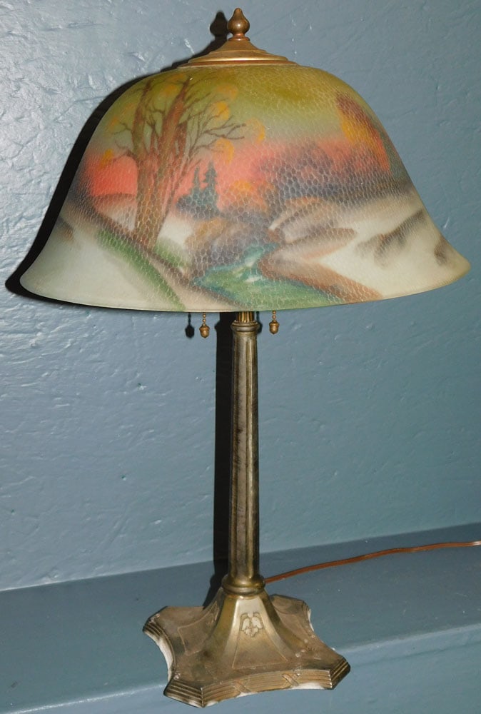 Antique Reverse Painted Winter Scene Phoenix Quality Table Lamp (1 of 4)