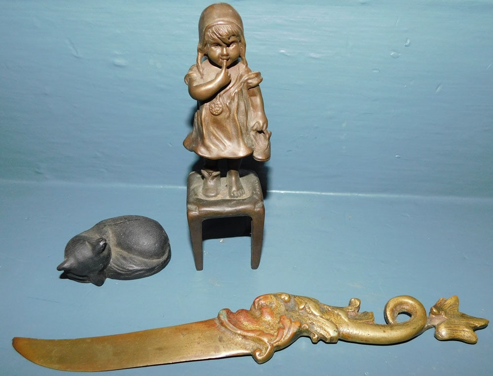 Bronze Signed Sculpture of Girl on Stand, Cast Iron Fox Paperweight, & Cast Brass Dolphin Letter (1 of 3)