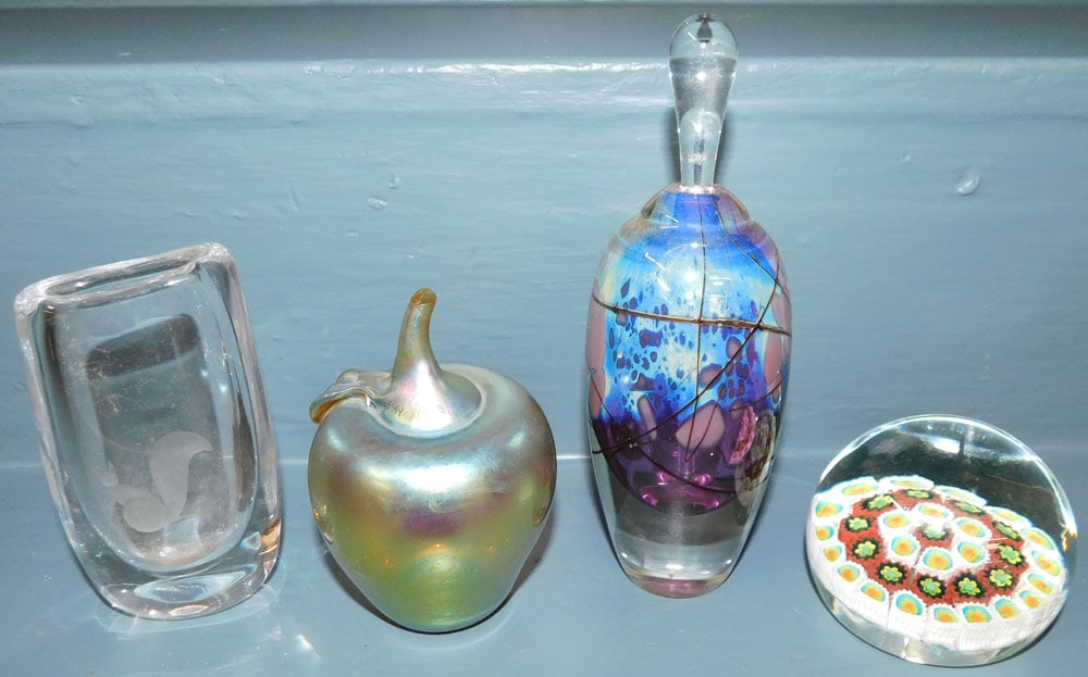 2 Art Glass Paperweights, Art Glass Scent Bottle, & Signed Glass Vase: 2 Art Glass Paperweights, Art Glass Scent Bottle, & Signed Glass Vase . Up to 6 3/4" H "ALL DESCRIPTIONS AND ANY CONDITION STATEMENT GIVEN BY LANGSTON AUCTION GALLERY ARE STRICTLY OPINIONS AND LANGSTO