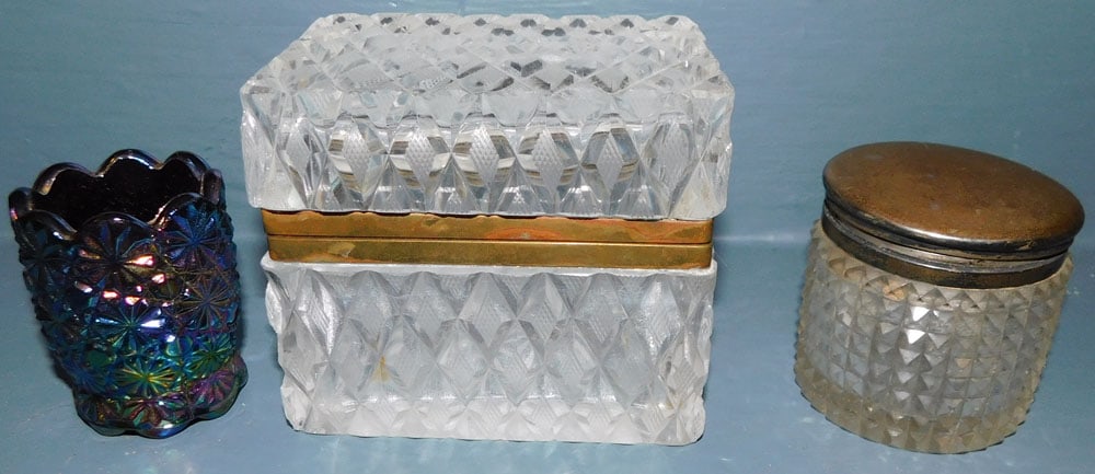 2 Cut Glass Dresser Boxes & Carnival Glass Toothpick Holder (1 of 3)