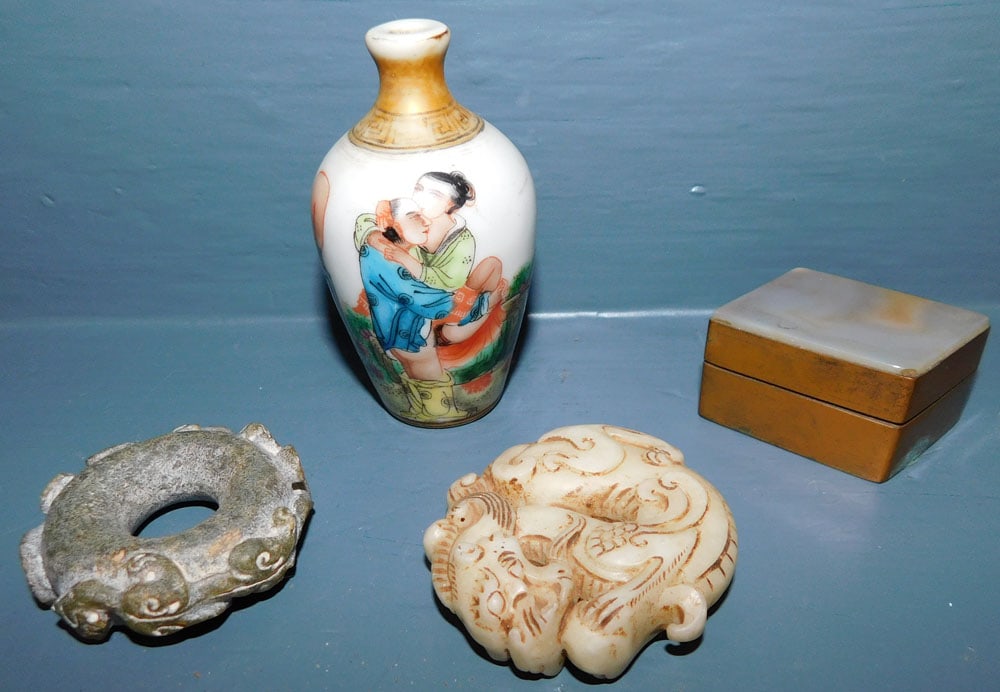Miniature Oriental Snuff Vase, Stone & Copper Battersea Box, & 2 Stone Carved Paperweights (1 of 3)