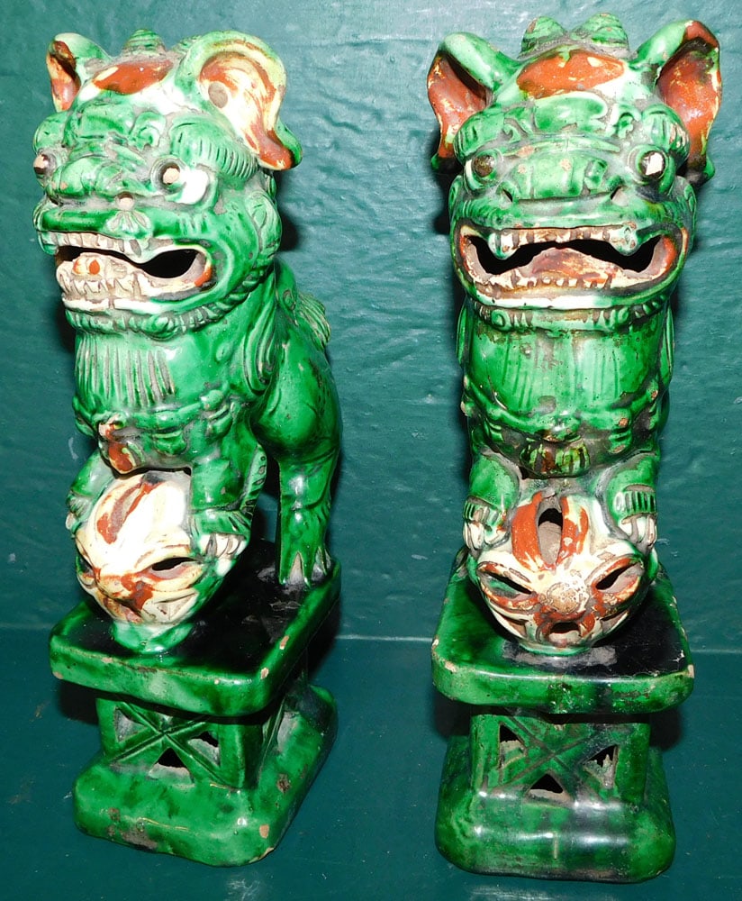Pair of Chinese Pottery Foo Dog Figurines (1 of 4)