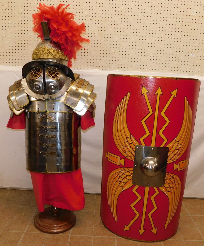 3 Part Life Size Form Suit of Armor Including Shield & Helmet on Stand (1 of 10)