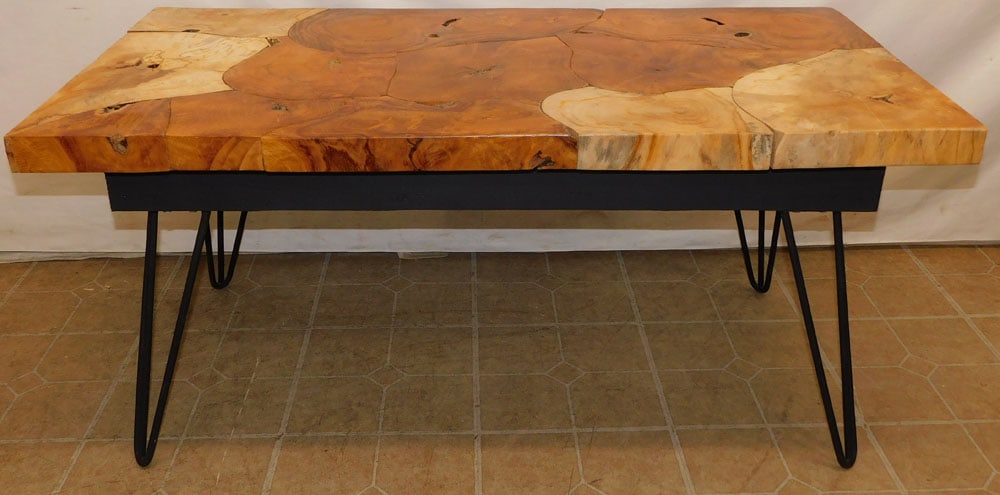 Mid Century Modern Mixed Burl Wood Coffee Table with Painted Wrought Iron Base (1 of 4)