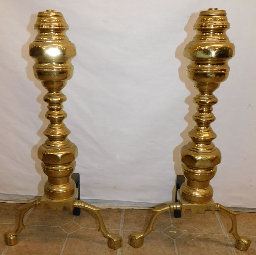 Pair of Cast Brass Andirons: Pair of Cast Brass Andirons. 23" H "ALL DESCRIPTIONS AND ANY CONDITION STATEMENT GIVEN BY LANGSTON AUCTION GALLERY ARE STRICTLY OPINIONS AND LANGSTON'S SHALL HAVE NO RESPONSIBILITY FOR ERRORS OR OMISS