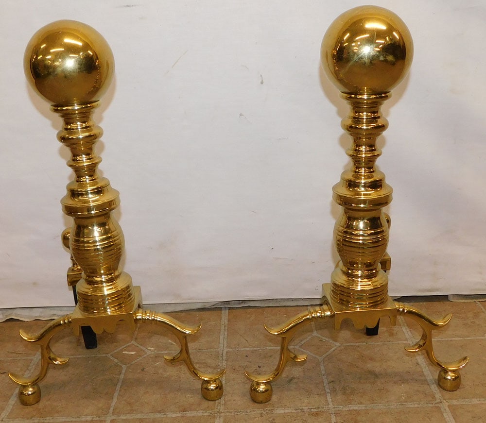 Pair of Cast Brass Cannonball Andirons (1 of 3)