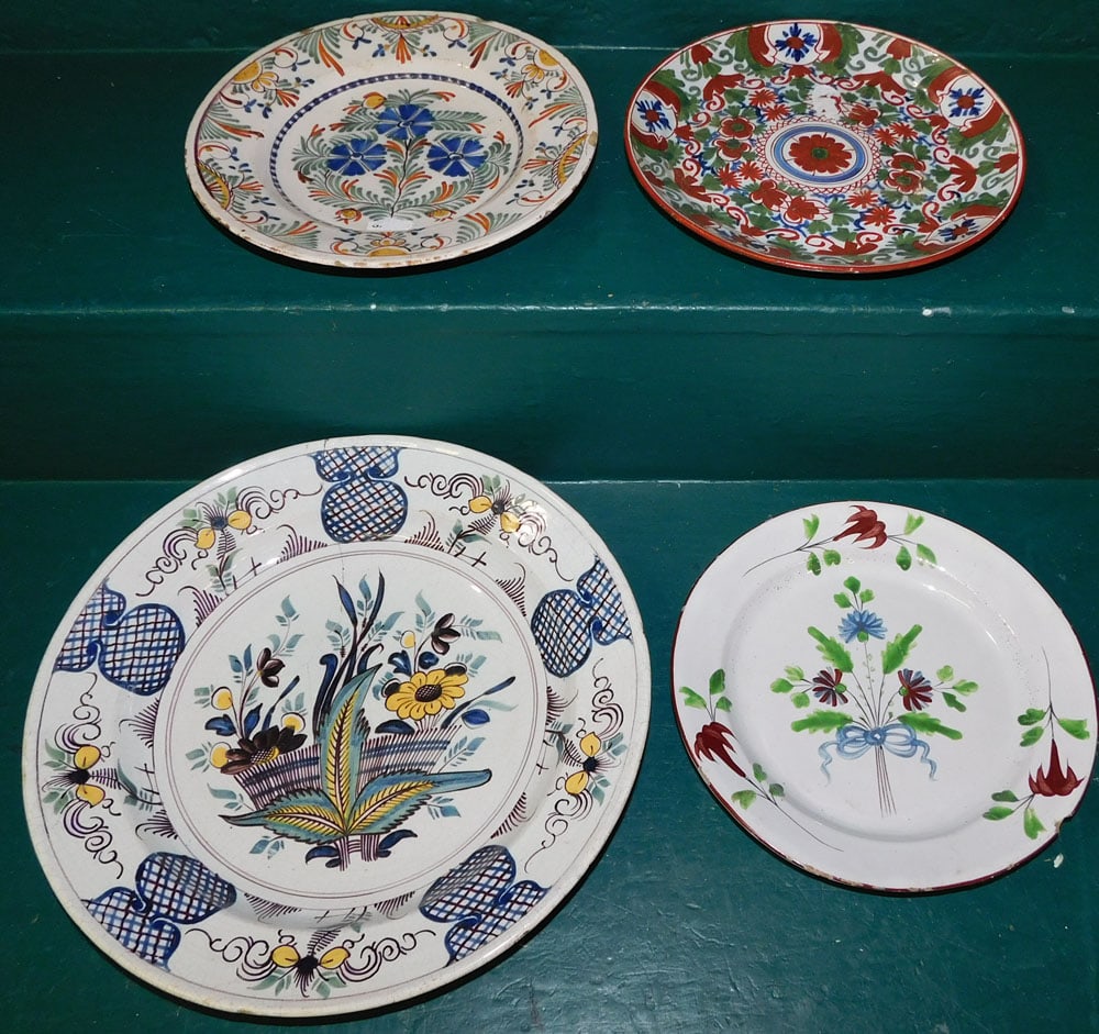 3 Antique Polychrome Bowls & 1 Antique Polychrome Decorated Plate, (2 Have Restoration) (1 of 13)