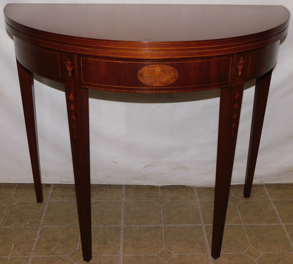 Mahogany Urn Inlaid Demi-Lune Fold Over Top Game Table (1 of 9)