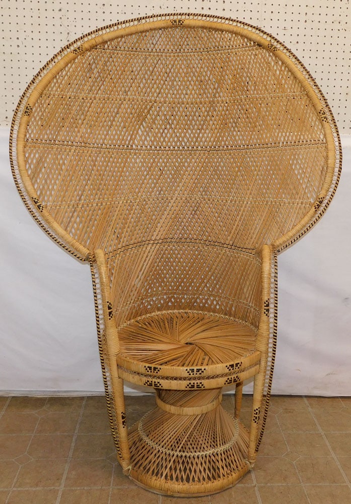 Mid Century Modern Rattan Cobra Chair: Mid Century Modern Rattan Cobra Chair . 59 1/2" H 44" W "ALL DESCRIPTIONS AND ANY CONDITION STATEMENT GIVEN BY LANGSTON AUCTION GALLERY ARE STRICTLY OPINIONS AND LANGSTON'S SHALL HAVE NO RESPONSIBILIT