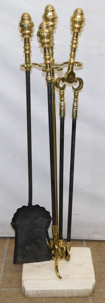 Antique 4 Piece Brass & Iron Fireplace Tools with Alabaster Base (1 of 3)
