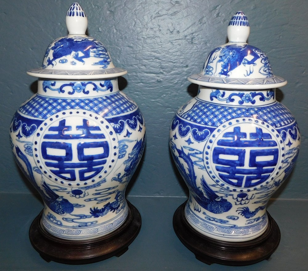Pair of Oriental Blue & White Porcelain Covered Urns with Character Marks (1 of 6)