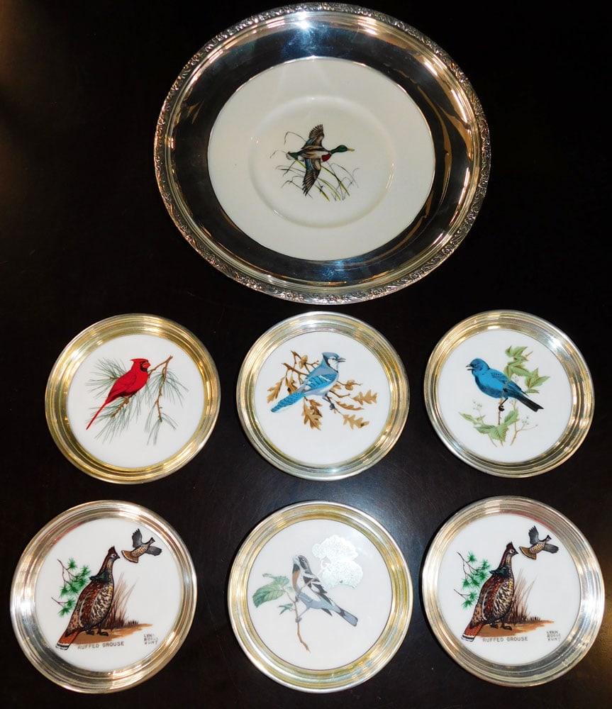6 Sterling Rim Painted Grouse & Bird Coasters & Sterling Border Frank Whiting Mallard Plate (1 of 9)